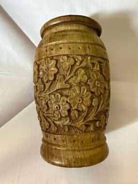 Wooden container Hand-Carved Floral Accent - Brown. #3